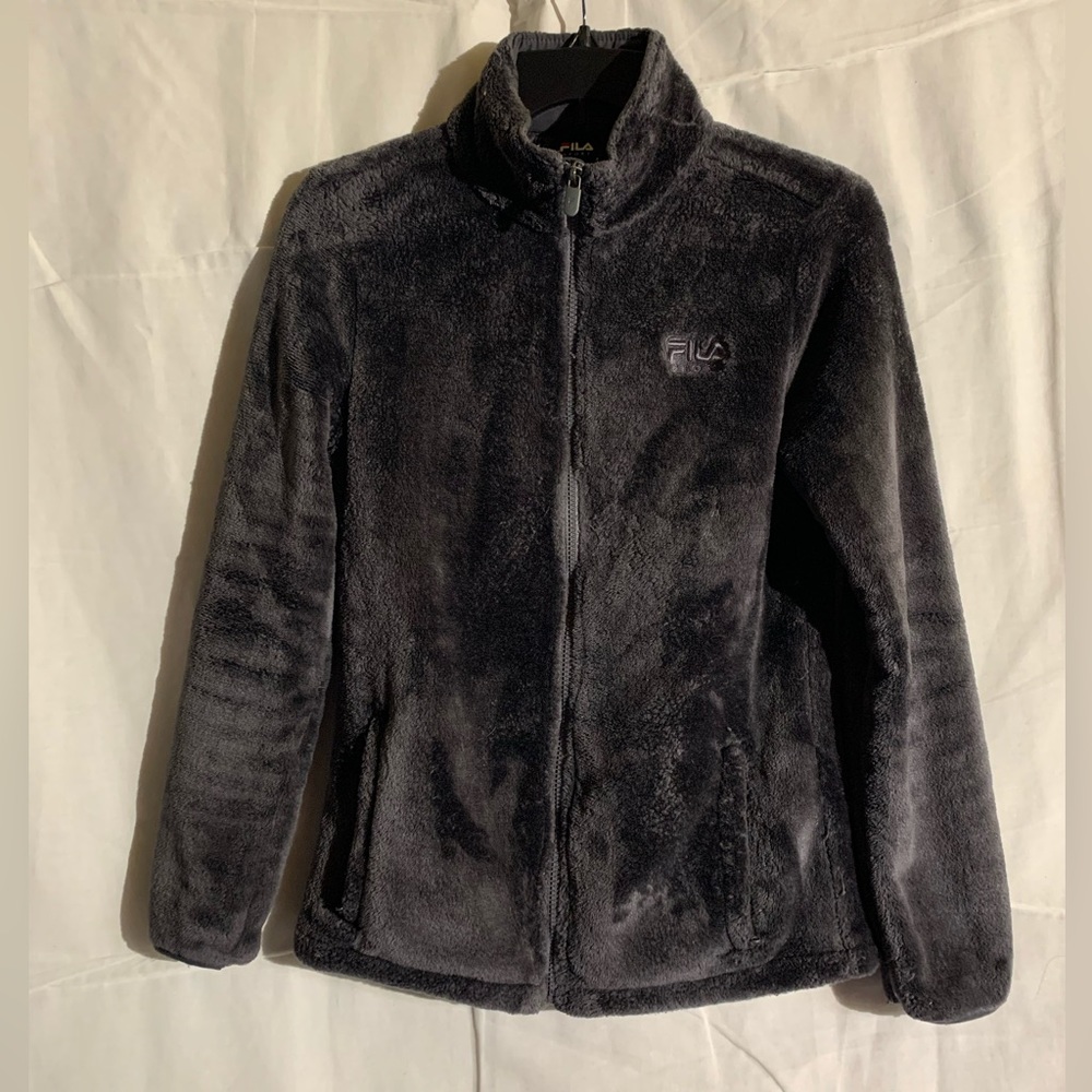 Women’s Grey Fuzzy FILA Jacket, Faux Fur, Size XS, Interior Pockets